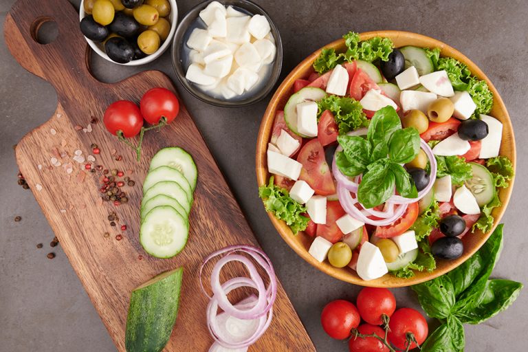 Classic greek salad of fresh vegetables, cucumber, tomato, sweet