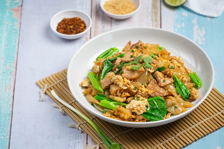 Thai food; Fried noodle with pork in soy sauce and vegetable