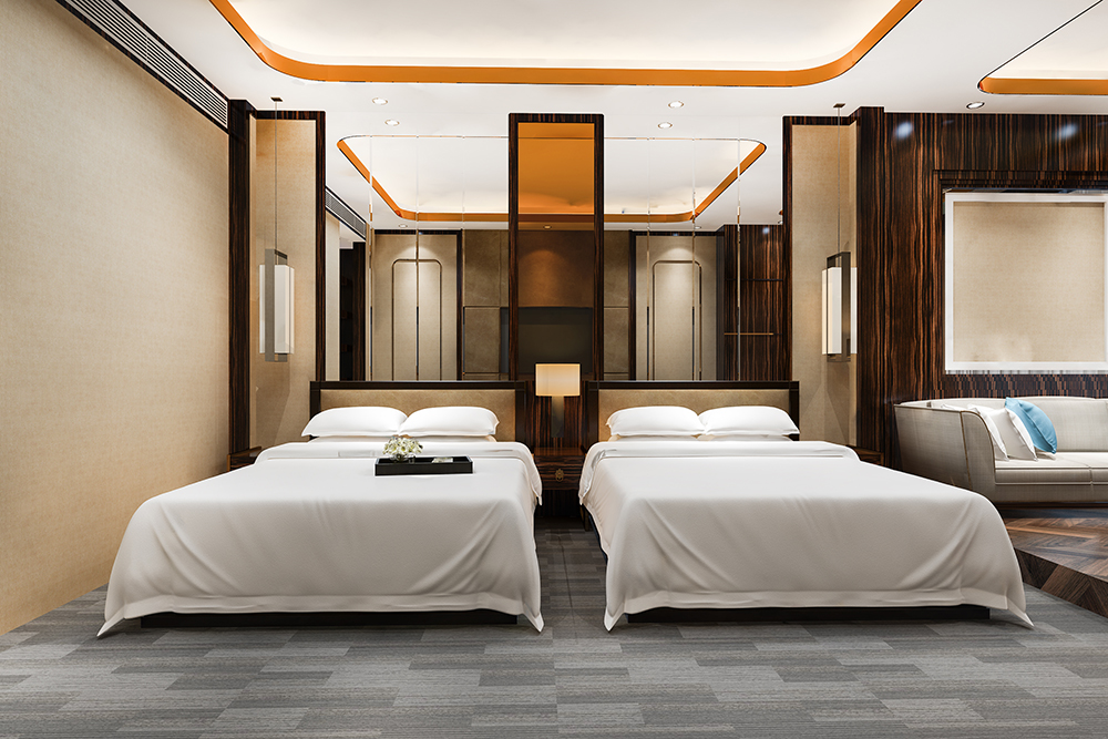 3d rendering luxury bedroom suite in resort  hotel with twin bed