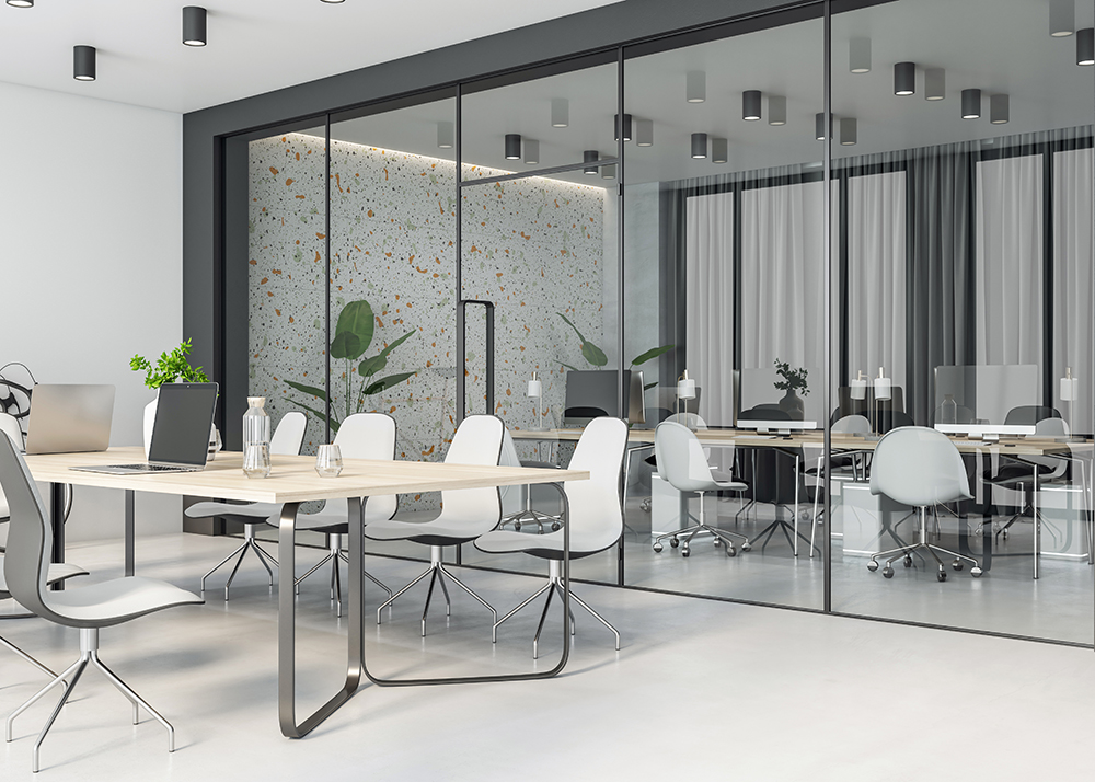 Perspective view on stylish wooden meeting table surrounded by white chairs in spacious conference room with glass partitions, white wall and light glossy floor. 3D rendering