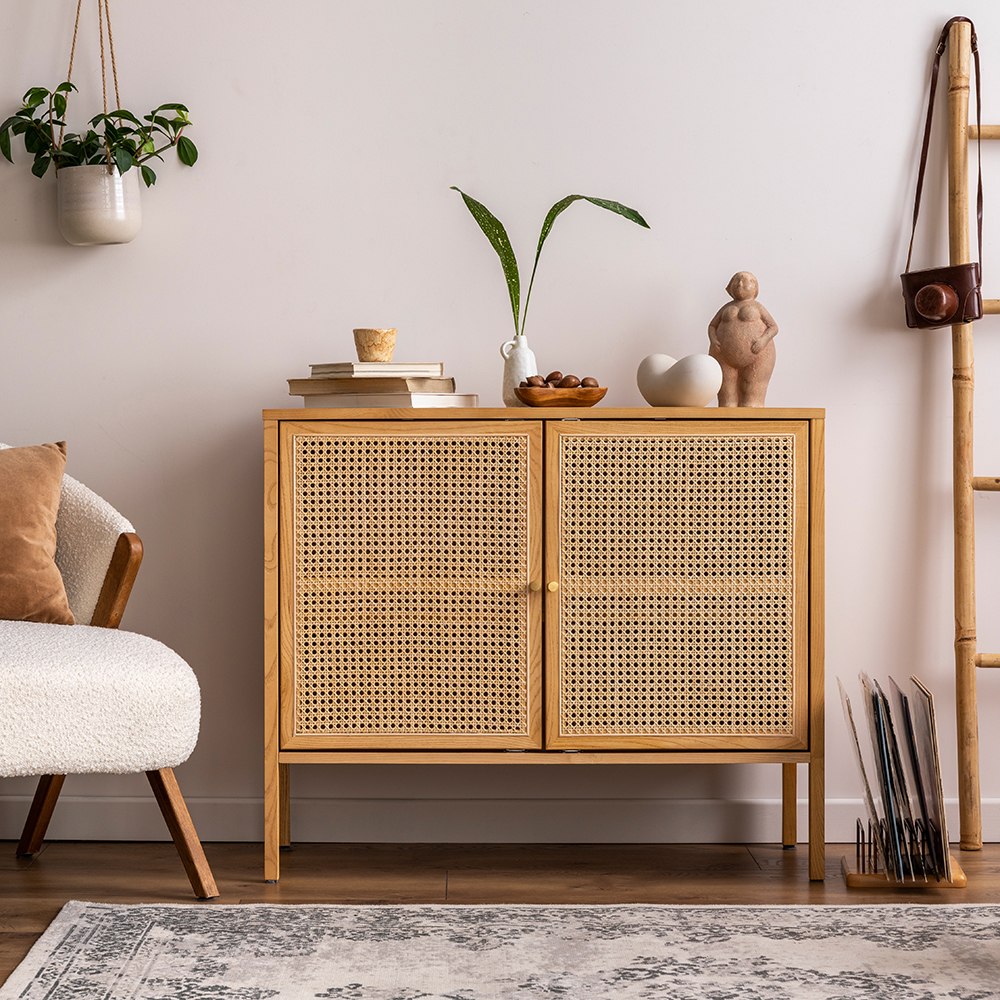 The stylish composition of living room interior with rattan como