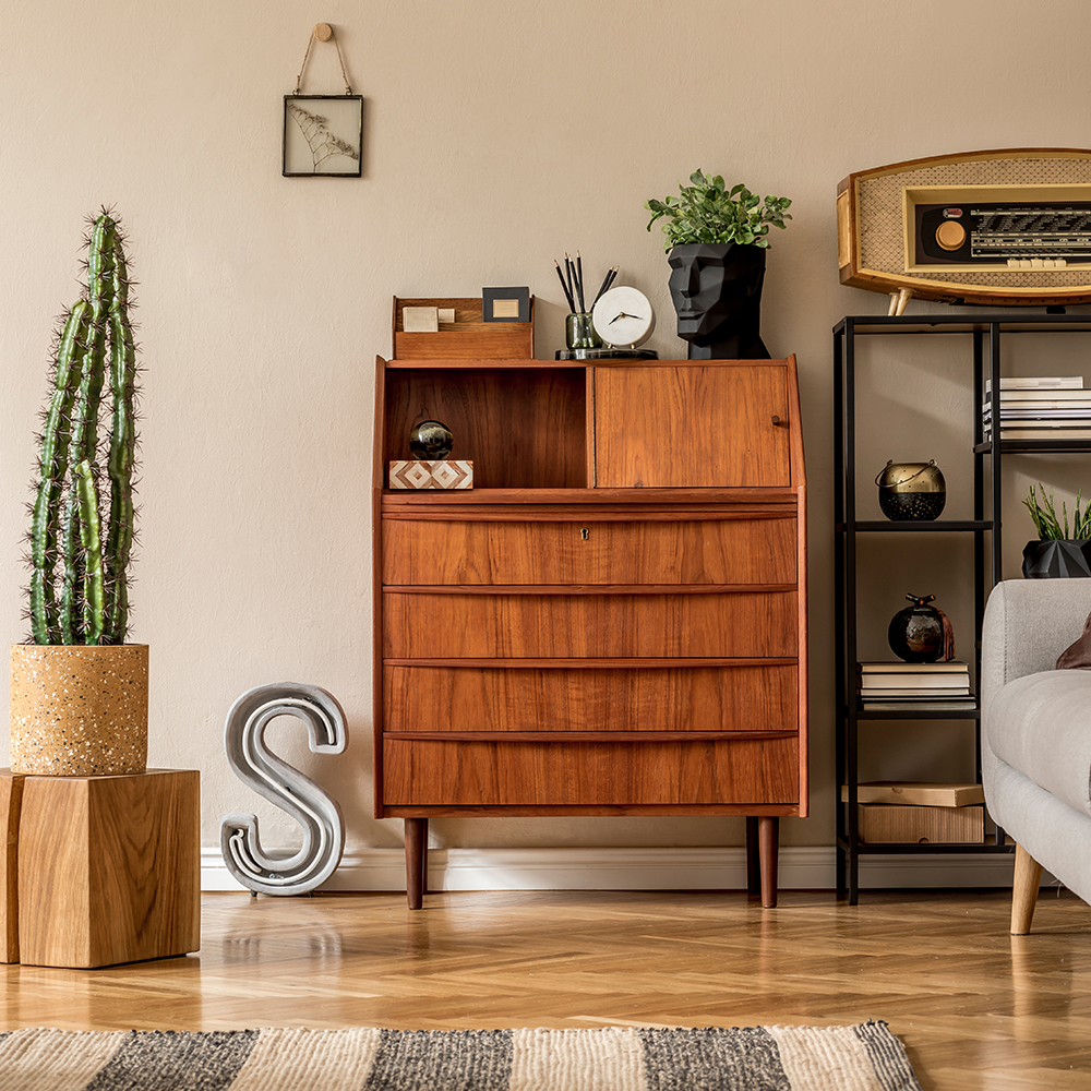 Stylish and vintage interior design of open space with wooden re