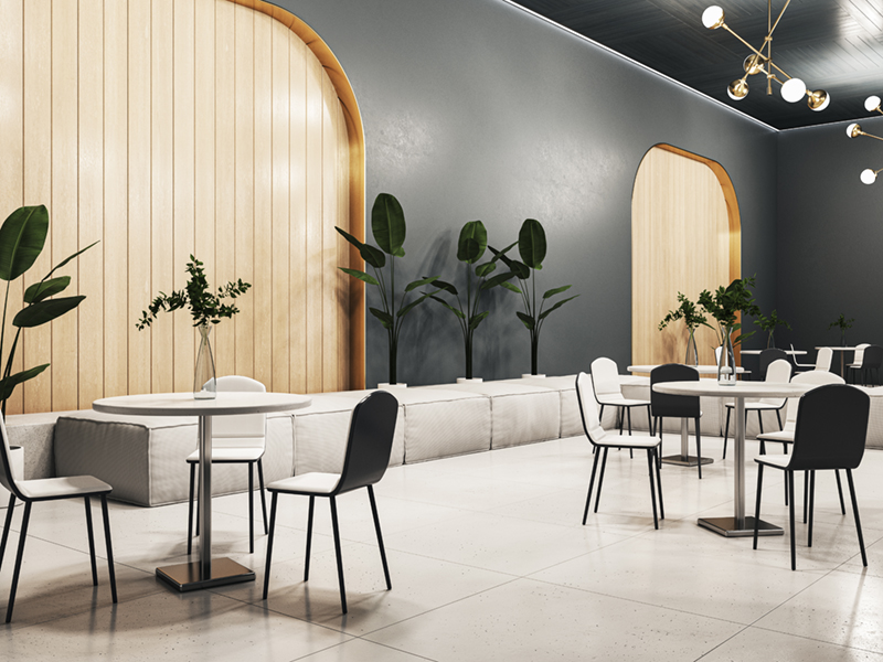 Clean gray cafeteria or restaurant interior with furniture and decor. Designs concept. 3D Rendering